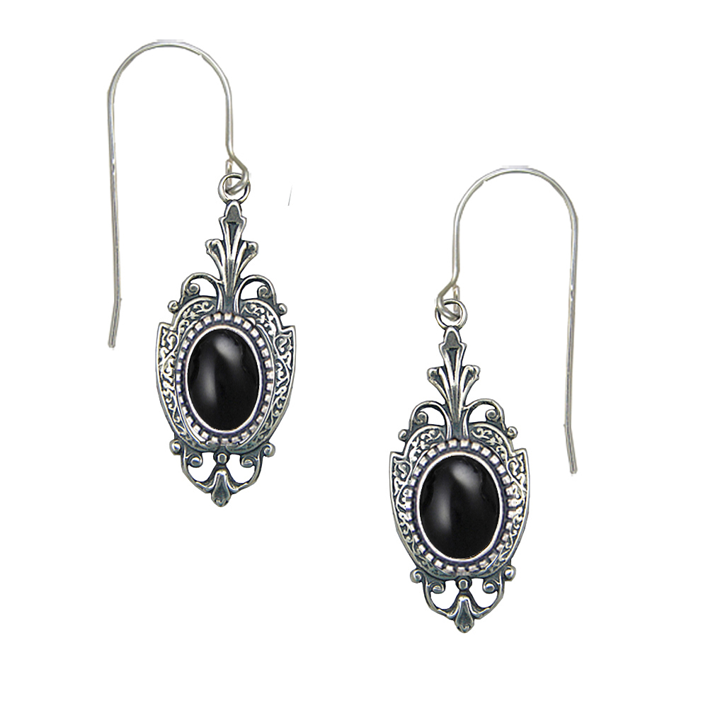 Sterling Silver Victorian Drop Dangle Earrings With Black Onyx